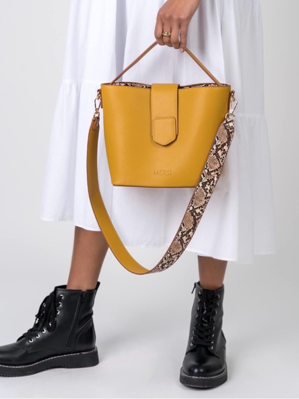 MERSI Mustard Yellow Bucket Bag with Snake-Print Strap